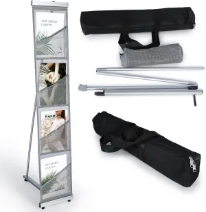 Outus 1 Pcs Literature Stand Magazine Display Rack with 4 Pocket, Portable Roll up Mesh Foldable Trade Show Display with Carrying Bag, Lightweight Magazine Rack Floor Standing for Exhibition Office