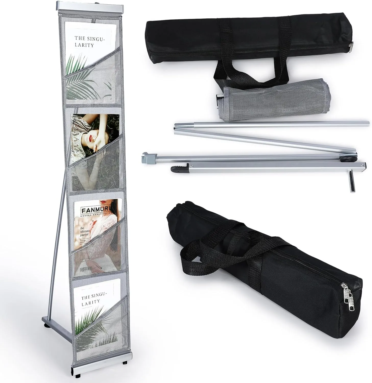 Outus 1 Pcs Literature Stand Magazine Display Rack with 4 Pocket, Portable Roll up Mesh Foldable Trade Show Display with Carrying Bag, Lightweight Magazine Rack Floor Standing for Exhibition Office