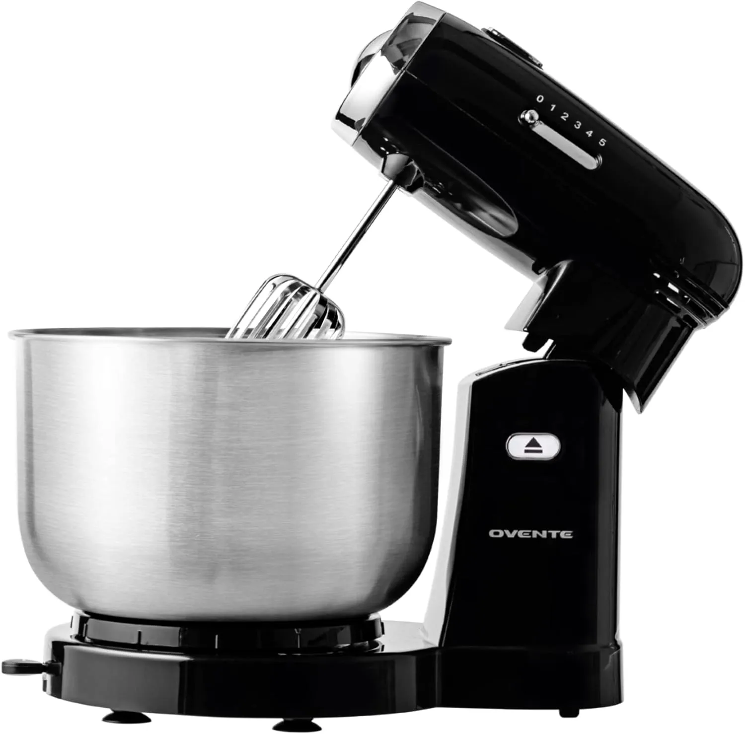 OVENTE Electric Stand Mixer with 3.5 Quarts Stainless Steel Mixing Bowl, 5 Speed Portable and Lightweight 250W Kitchen Mixer for Everyday Use, Includes 2 Egg Beater Whisk and Dough Hook Black SM680B