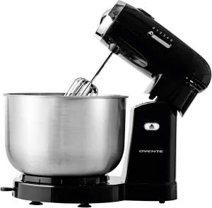 OVENTE Electric Stand Mixer with 3.5 Quarts Stainless Steel Mixing Bowl, 5 Speed Portable and Lightweight 250W Kitchen Mixer for Everyday Use, Includes 2 Egg Beater Whisk and Dough Hook Black SM680B