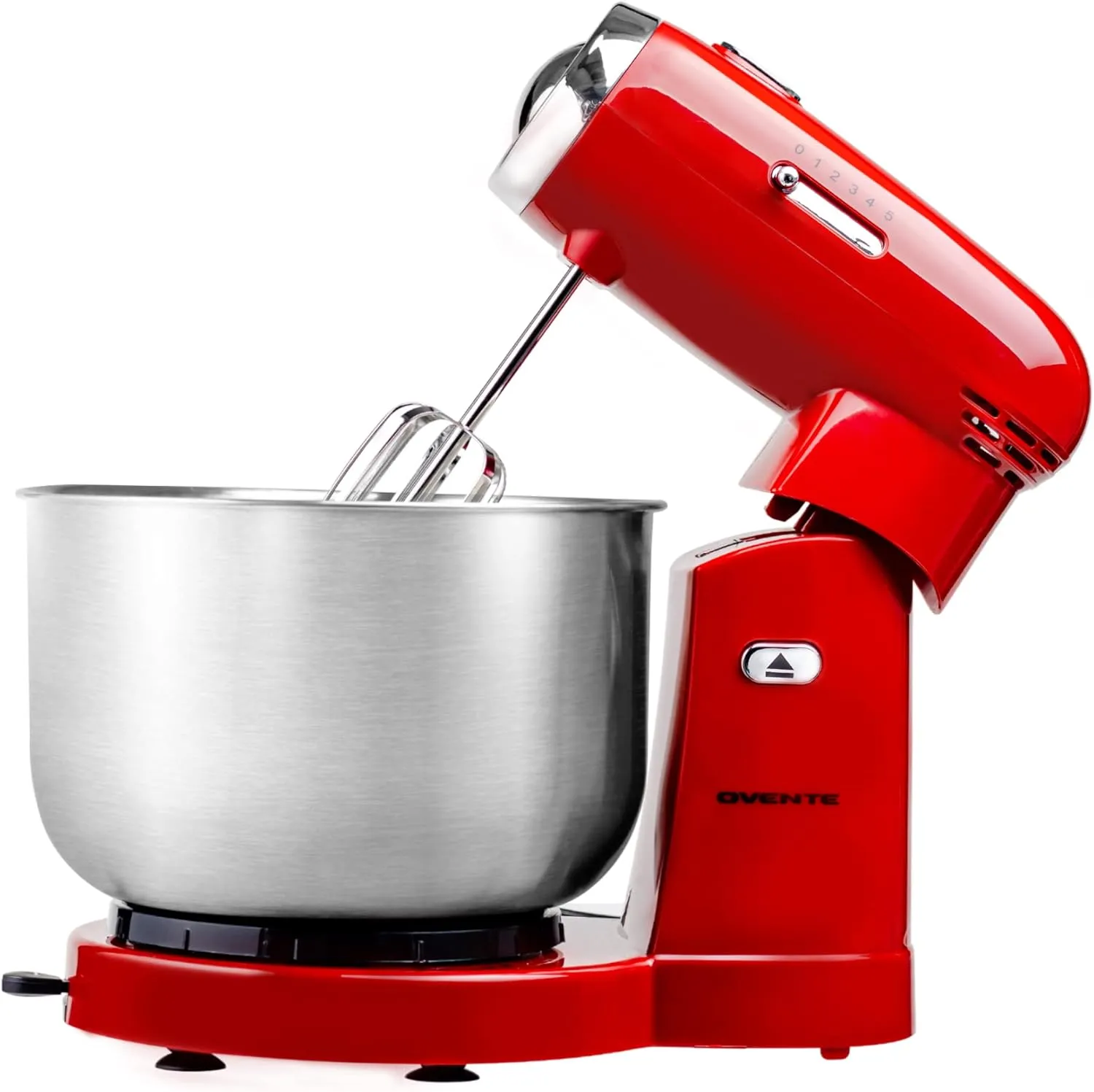 OVENTE Electric Stand Mixer with 3.5 Quarts Stainless Steel Mixing Bowl, 5 Speed Portable and Lightweight 250W Kitchen Mixer for Everyday Use, Includes 2 Egg Beater Whisk and Dough Hook, Red SM680R
