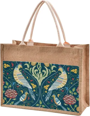 Oyihfvs William Morris Art Vintage Flowers and Birds on Dark Blue Durable Burlap Bag with Handles, Zipper Jute Tote Reusable Bag Waterproof Lining for Shopping Work Travel 16.9 x 12.6inch