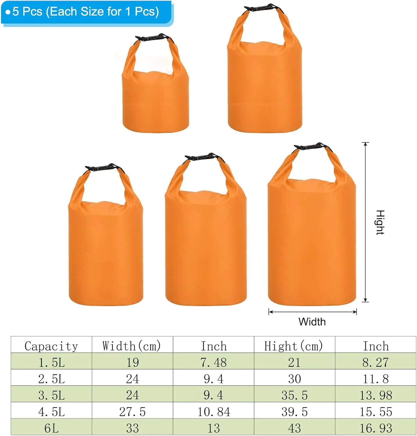 PATIKIL Waterproof Dry Bags, 5 Pack Portable Dry Sack Roll Top Bag Lightweight Dry Storage Bag for Gym Kayaking Hiking Swimming Camping, Orange, (1.5L, 2.5L, 3.5L, 4.5L, 6L)