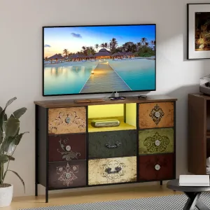 Pattern Dresser with LED Lights & Power Outlets, Dresser TV Stand with 8 Drawers for 55" TV, Fabric Chest of Drawers for Bedroom, Living Room, Entryway