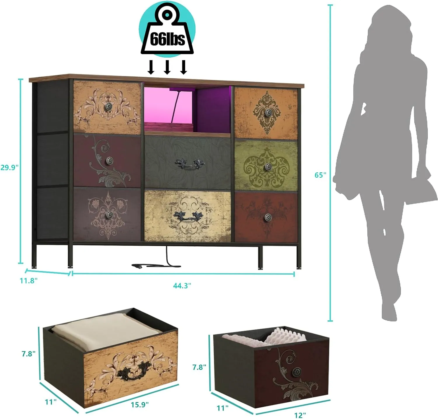 Pattern Dresser with LED Lights & Power Outlets, Dresser TV Stand with 8 Drawers for 55" TV, Fabric Chest of Drawers for Bedroom, Living Room, Entryway