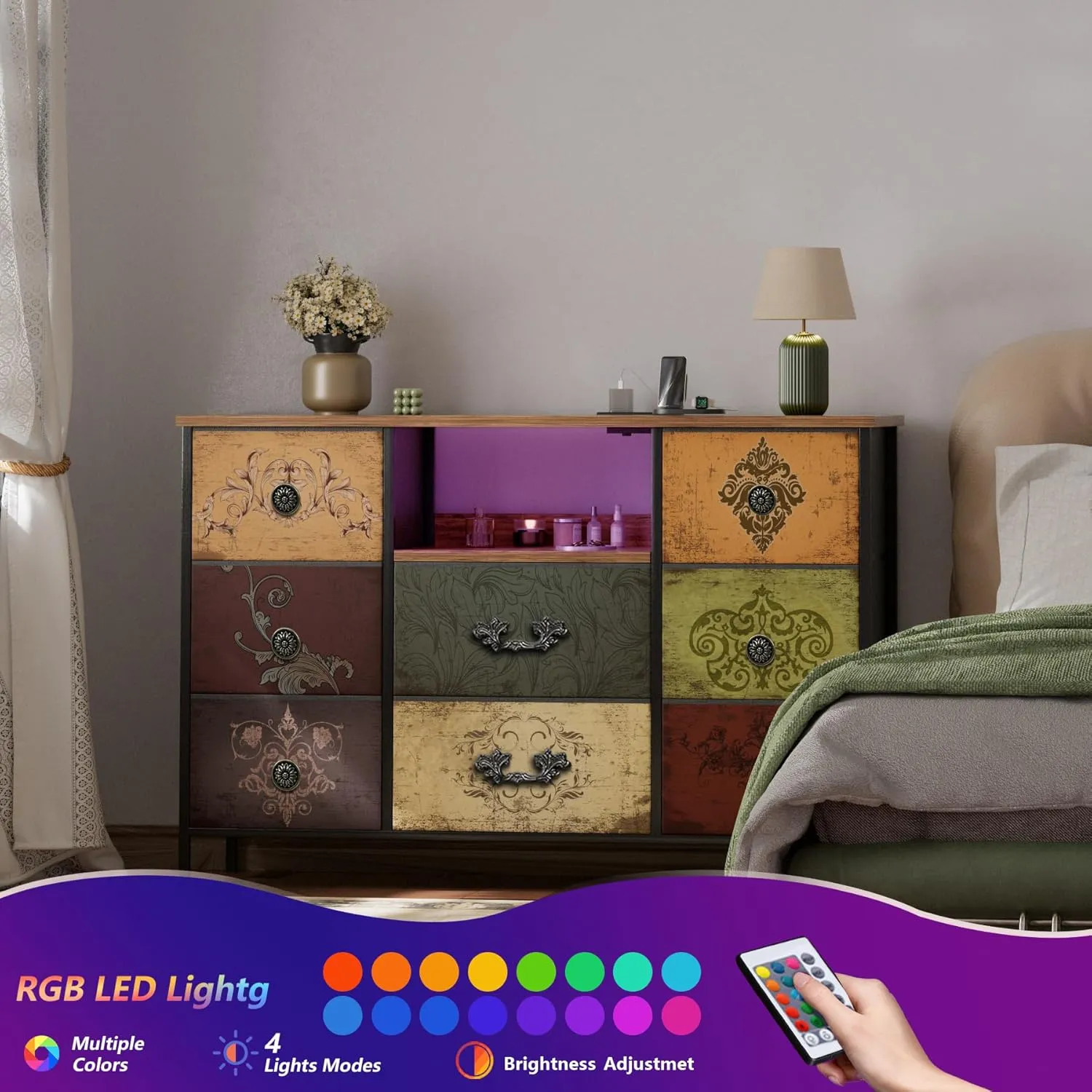 Pattern Dresser with LED Lights & Power Outlets, Dresser TV Stand with 8 Drawers for 55" TV, Fabric Chest of Drawers for Bedroom, Living Room, Entryway