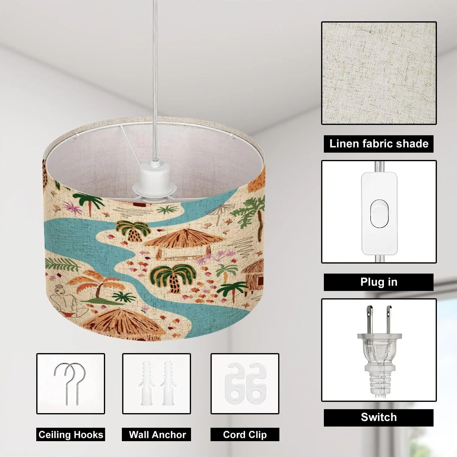 Pendant Light Scenic tropical landscape seamless Hand painted palm tree cabin river Hanging Light Fixture with Fabric Shade Dimmable Ceiling Lamp for Kitchen Island Living Room Corridor Bar Bedroom