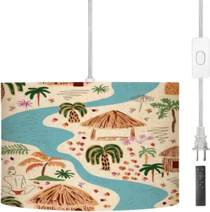 Pendant Light Scenic tropical landscape seamless Hand painted palm tree cabin river Hanging Light Fixture with Fabric Shade Dimmable Ceiling Lamp for Kitchen Island Living Room Corridor Bar Bedroom