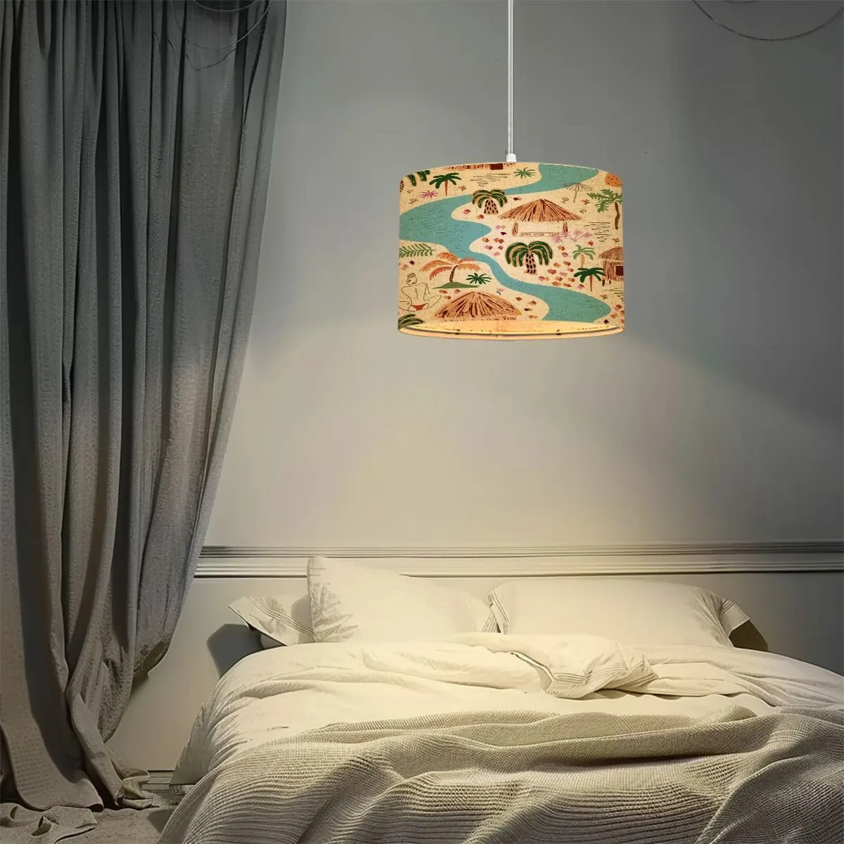 Pendant Light Scenic tropical landscape seamless Hand painted palm tree cabin river Hanging Light Fixture with Fabric Shade Dimmable Ceiling Lamp for Kitchen Island Living Room Corridor Bar Bedroom