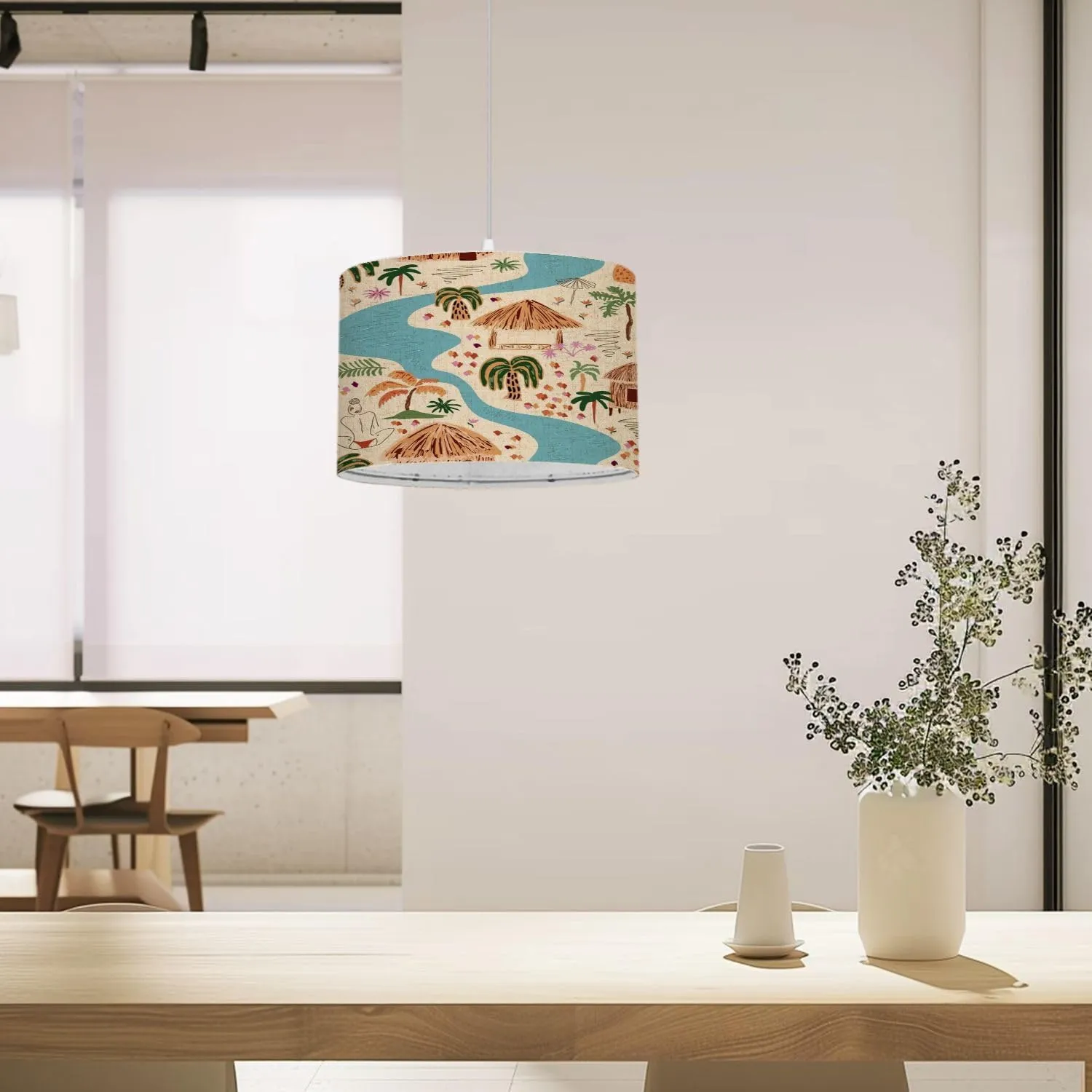 Pendant Light Scenic tropical landscape seamless Hand painted palm tree cabin river Hanging Light Fixture with Fabric Shade Dimmable Ceiling Lamp for Kitchen Island Living Room Corridor Bar Bedroom