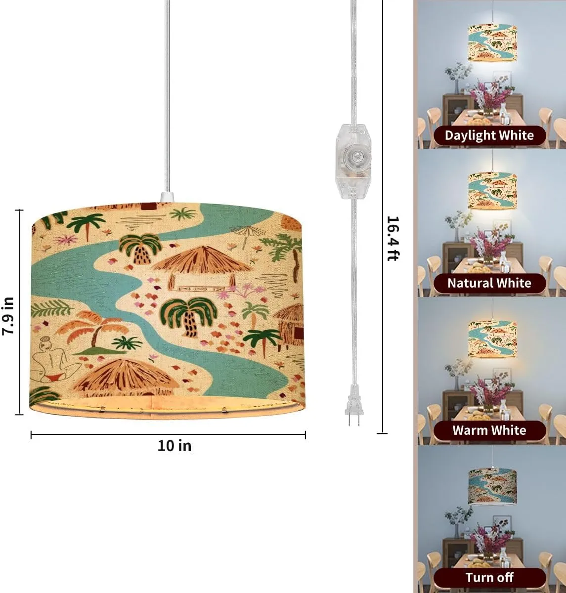Pendant Light Scenic tropical landscape seamless Hand painted palm tree cabin river Hanging Light Fixture with Fabric Shade Dimmable Ceiling Lamp for Kitchen Island Living Room Corridor Bar Bedroom