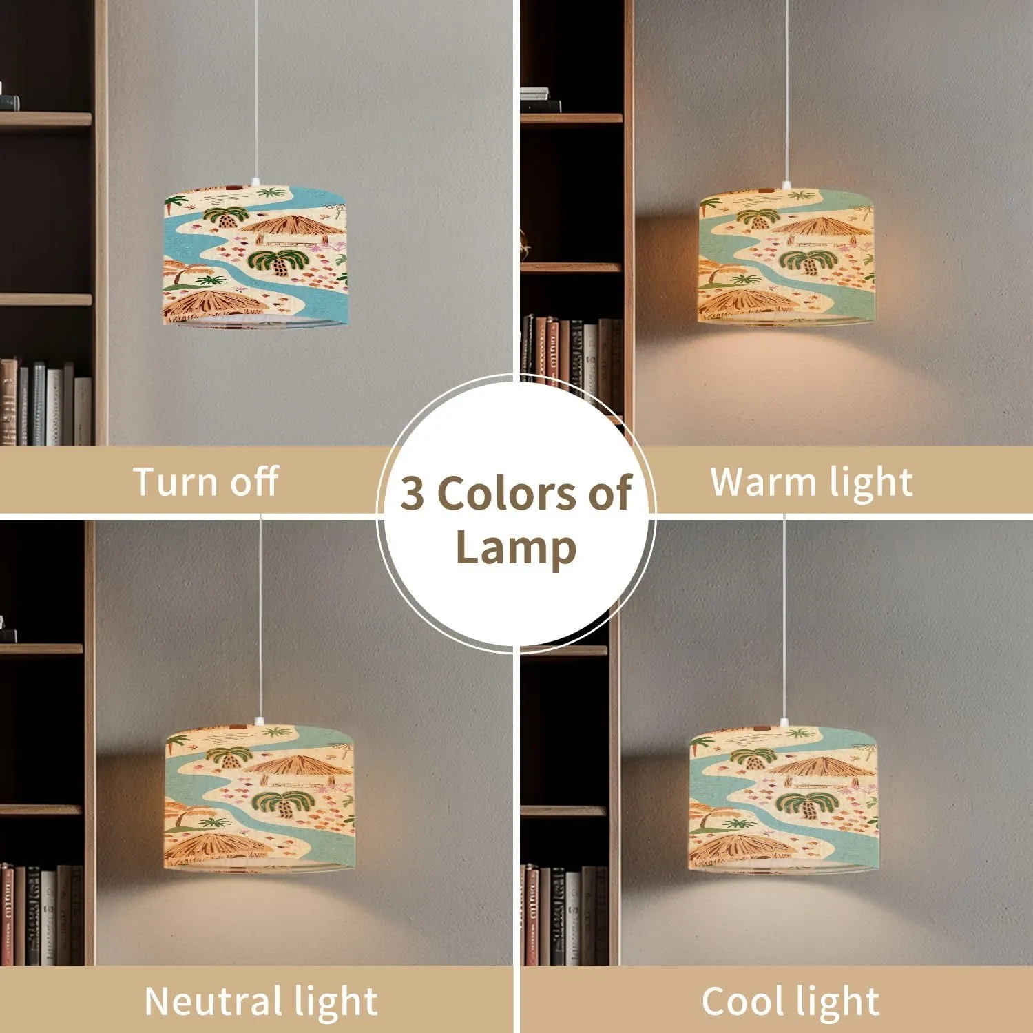 Pendant Light Scenic tropical landscape seamless Hand painted palm tree cabin river Hanging Light Fixture with Fabric Shade Dimmable Ceiling Lamp for Kitchen Island Living Room Corridor Bar Bedroom