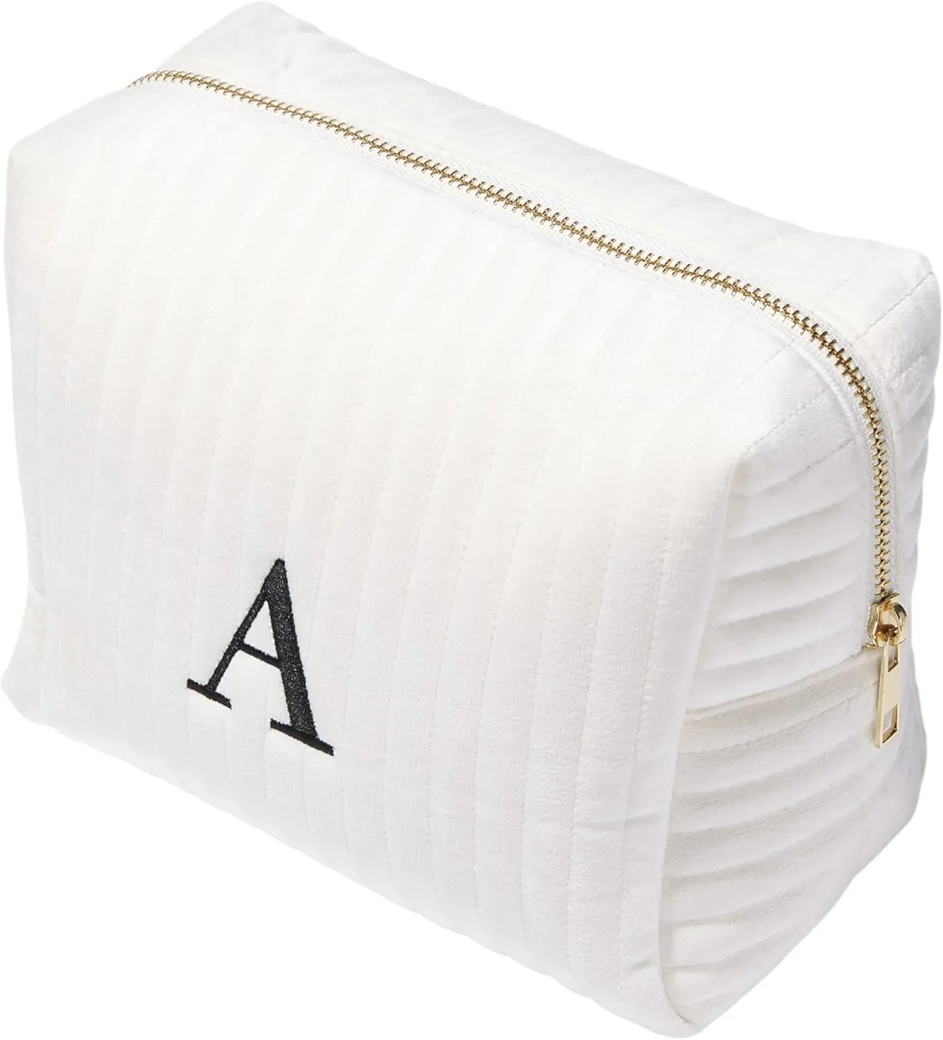 Personalization Universe Initial Embroidered Large Velvet Makeup Bag - Ivory