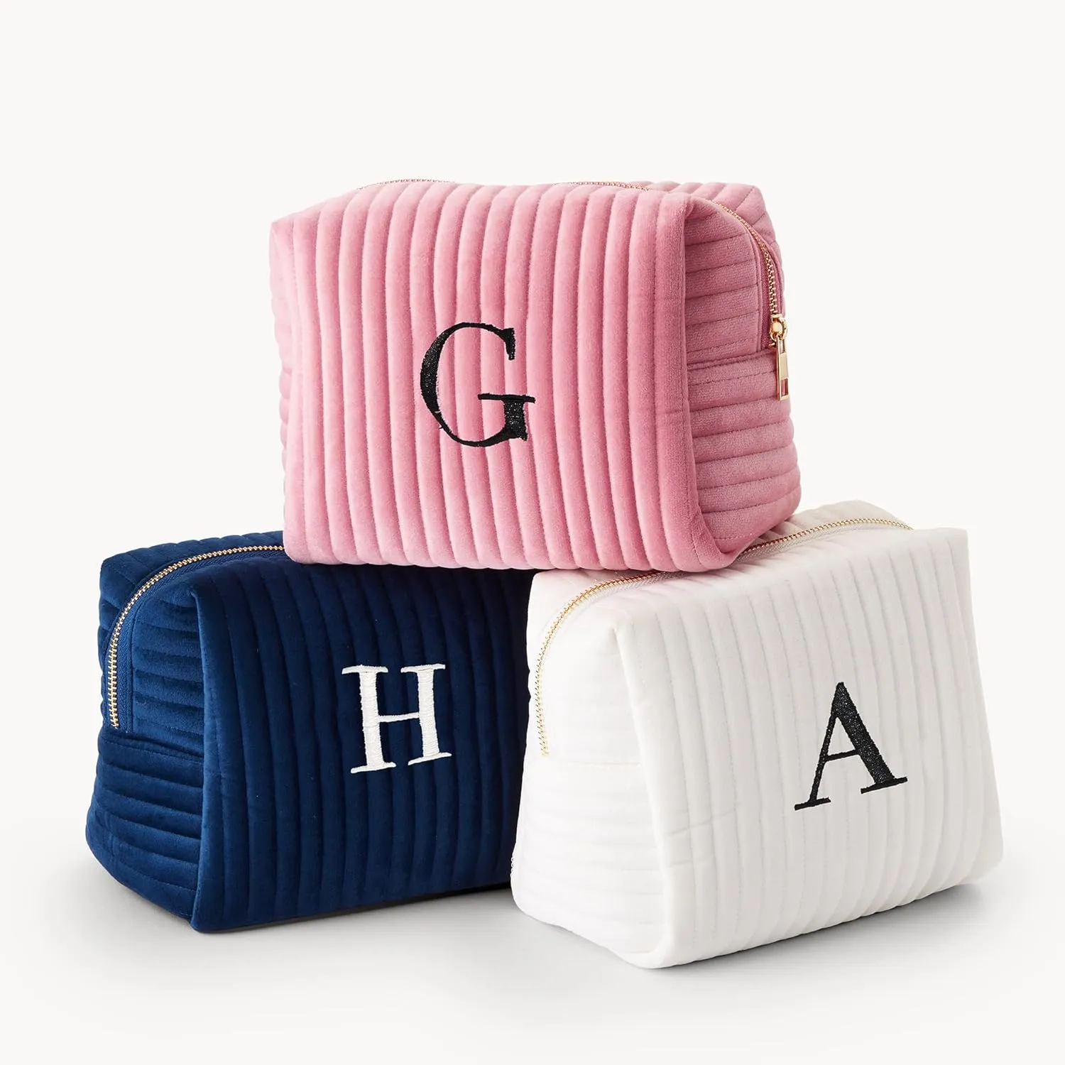 Personalization Universe Initial Embroidered Large Velvet Makeup Bag - Ivory