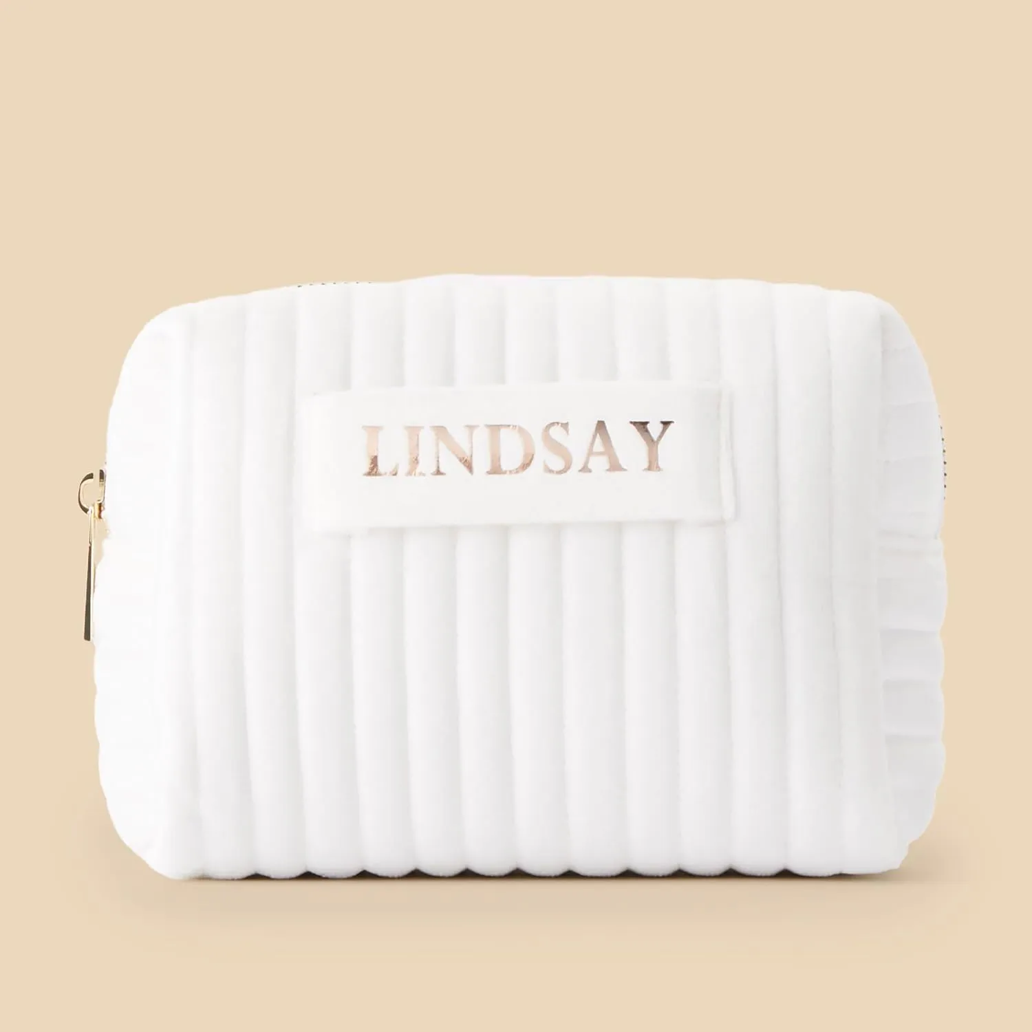 Personalization Universe Metallic Foil Personalized Small Ivory Velvet Makeup Bag