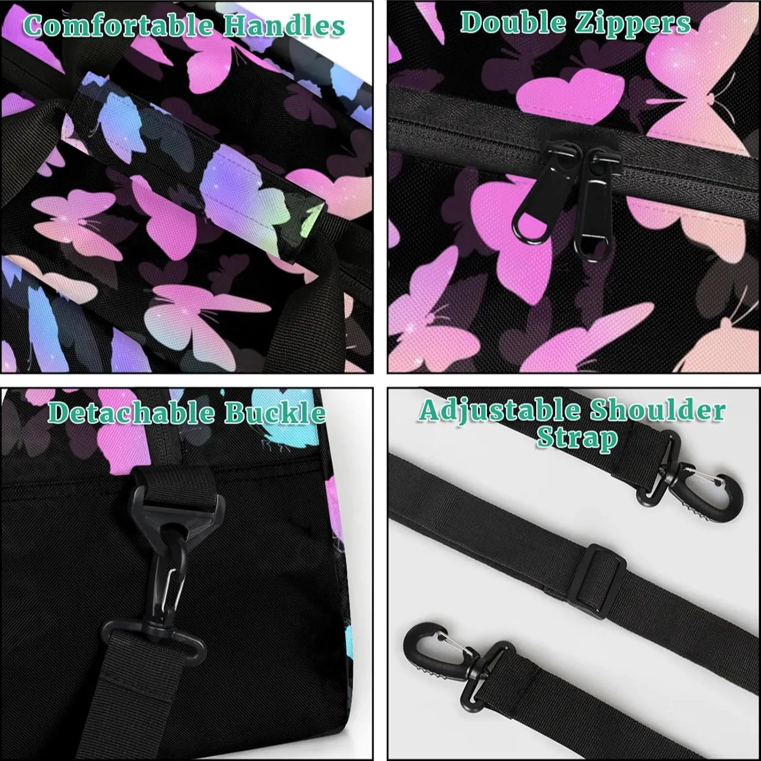 Personalized Butterfly Duffel Bag with Name Custom Travel Sports Bag for Women Men Waterproof Dance Ballet Bag Lightweight 18.9in, Rainbow Sparkly