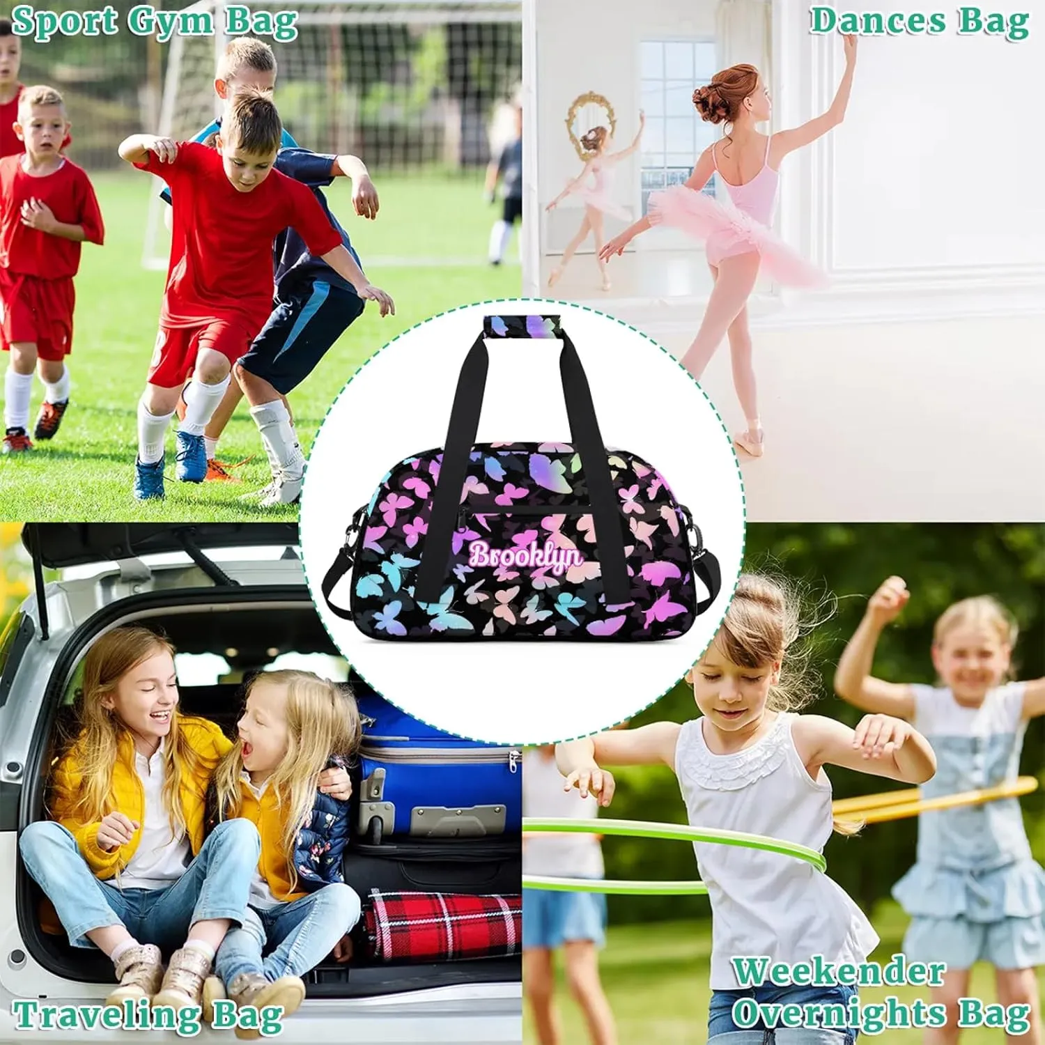 Personalized Butterfly Duffel Bag with Name Custom Travel Sports Bag for Women Men Waterproof Dance Ballet Bag Lightweight 18.9in, Rainbow Sparkly