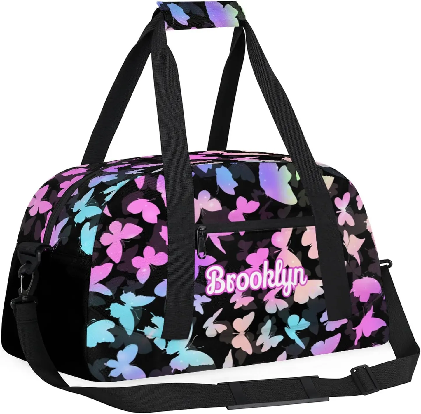 Personalized Butterfly Duffel Bag with Name Custom Travel Sports Bag for Women Men Waterproof Dance Ballet Bag Lightweight 18.9in, Rainbow Sparkly