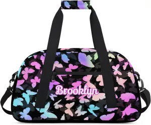 Personalized Butterfly Duffel Bag with Name Custom Travel Sports Bag for Women Men Waterproof Dance Ballet Bag Lightweight 18.9in, Rainbow Sparkly
