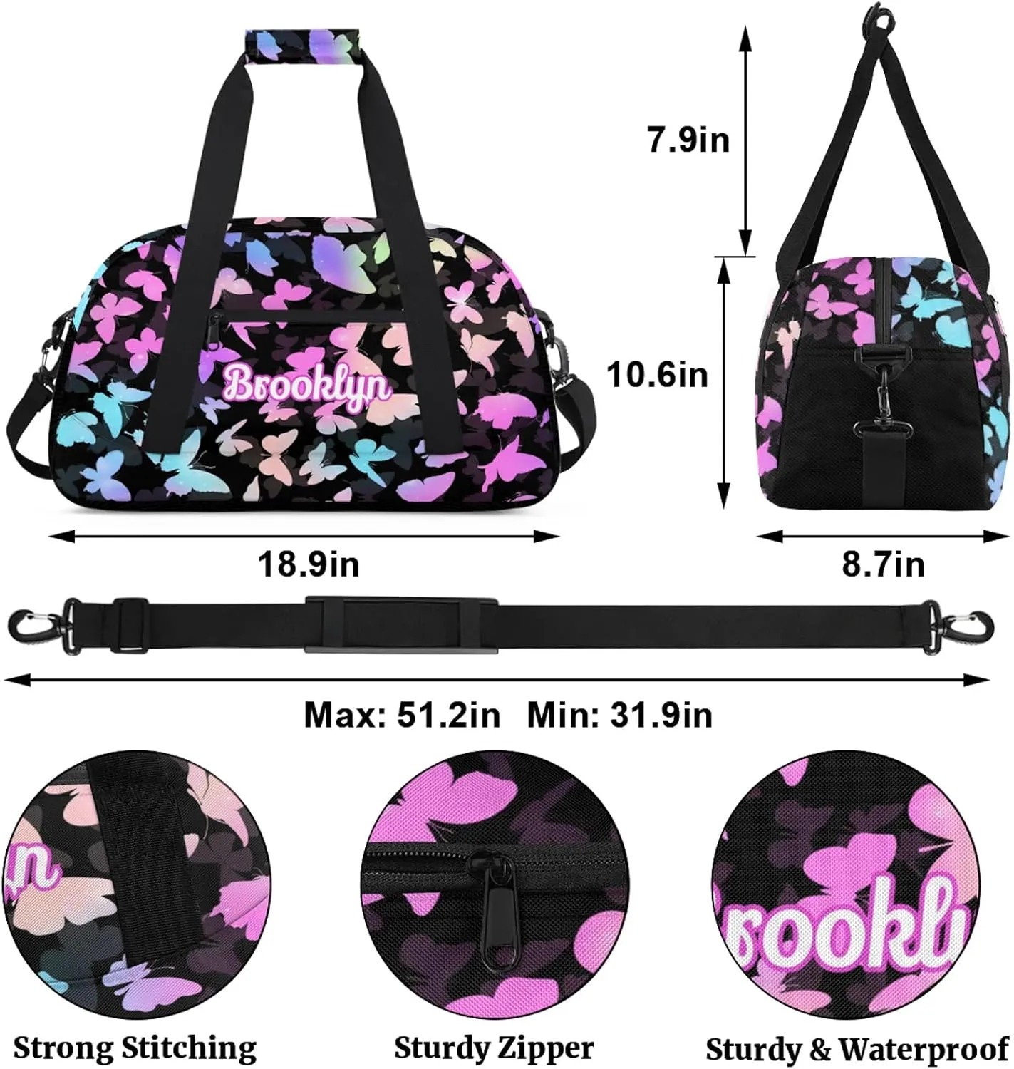 Personalized Butterfly Duffel Bag with Name Custom Travel Sports Bag for Women Men Waterproof Dance Ballet Bag Lightweight 18.9in, Rainbow Sparkly