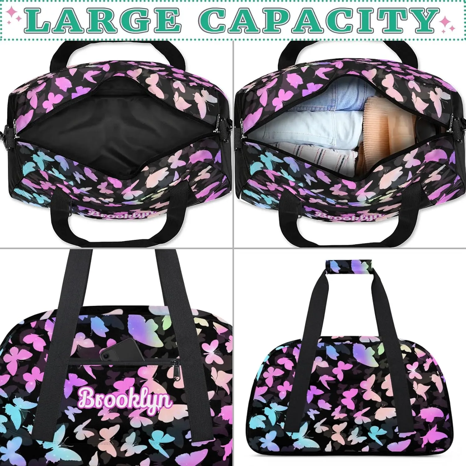 Personalized Butterfly Duffel Bag with Name Custom Travel Sports Bag for Women Men Waterproof Dance Ballet Bag Lightweight 18.9in, Rainbow Sparkly
