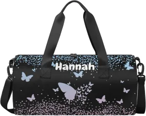 Personalized Duffel Bag with Name Butterfly Custom Travel Sports Bag for Women Men Round Waterproof Dance Ballet Bag Lightweight 17.6in, Sky Blue Pink