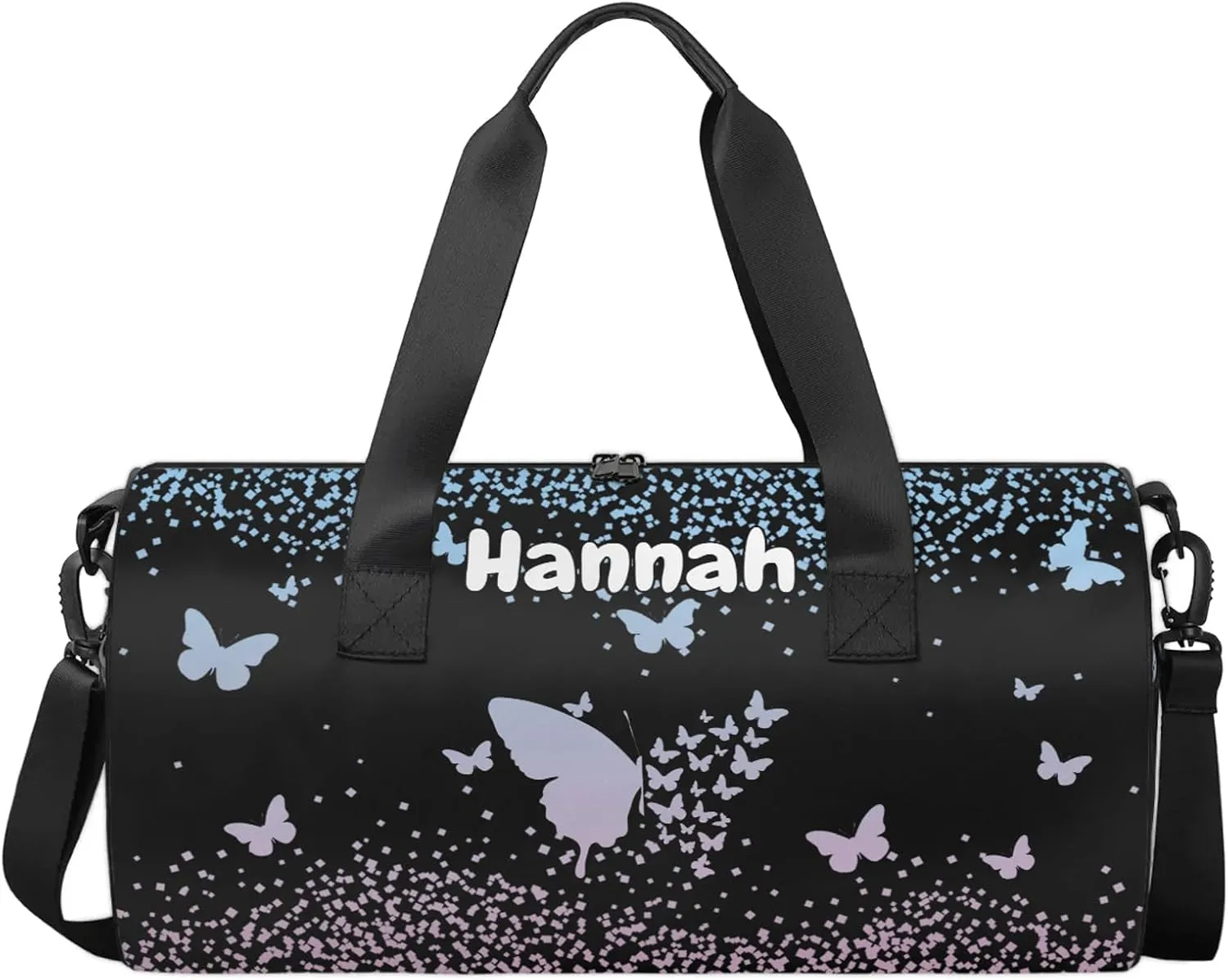 Personalized Duffel Bag with Name Butterfly Custom Travel Sports Bag for Women Men Round Waterproof Dance Ballet Bag Lightweight 17.6in, Sky Blue Pink
