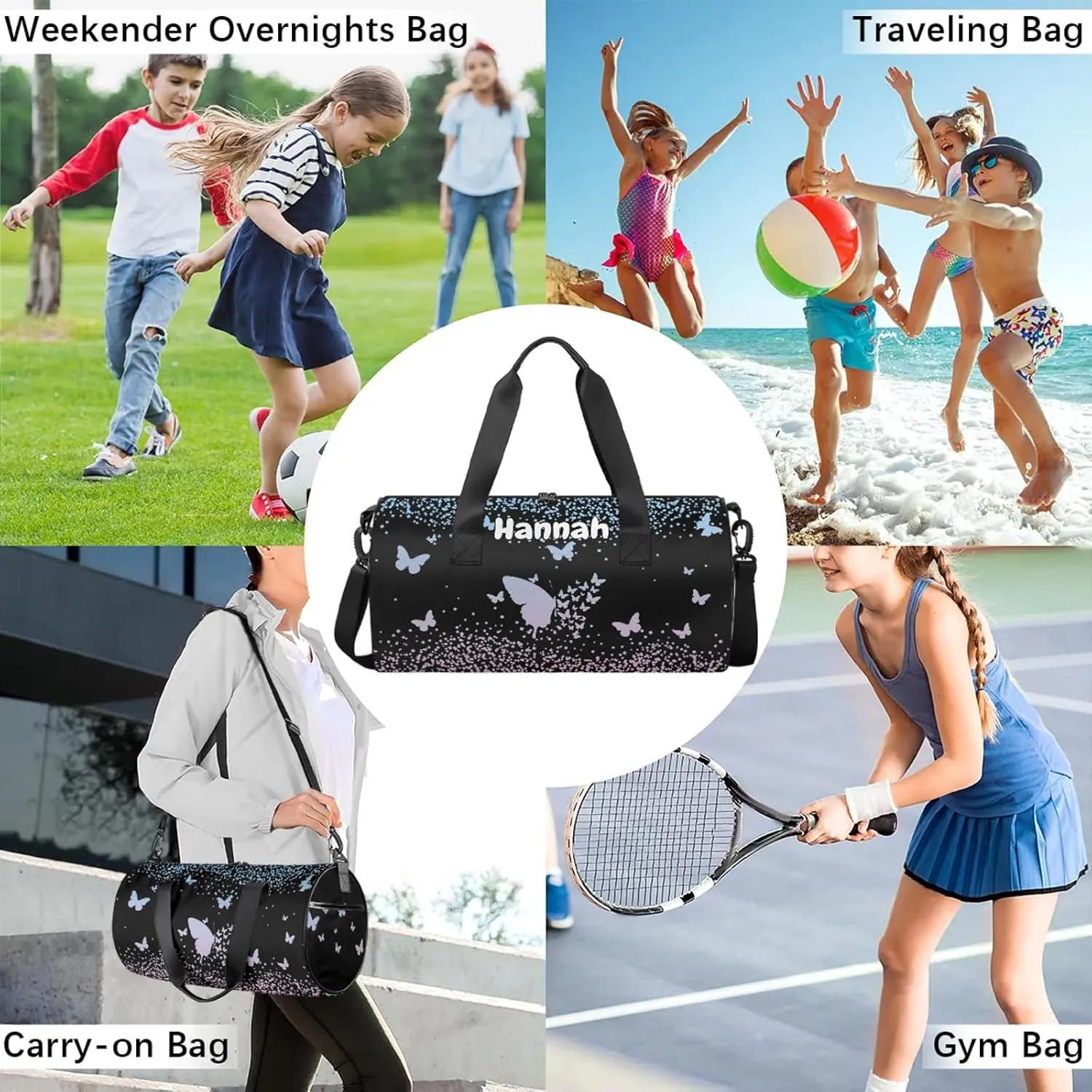 Personalized Duffel Bag with Name Butterfly Custom Travel Sports Bag for Women Men Round Waterproof Dance Ballet Bag Lightweight 17.6in, Sky Blue Pink