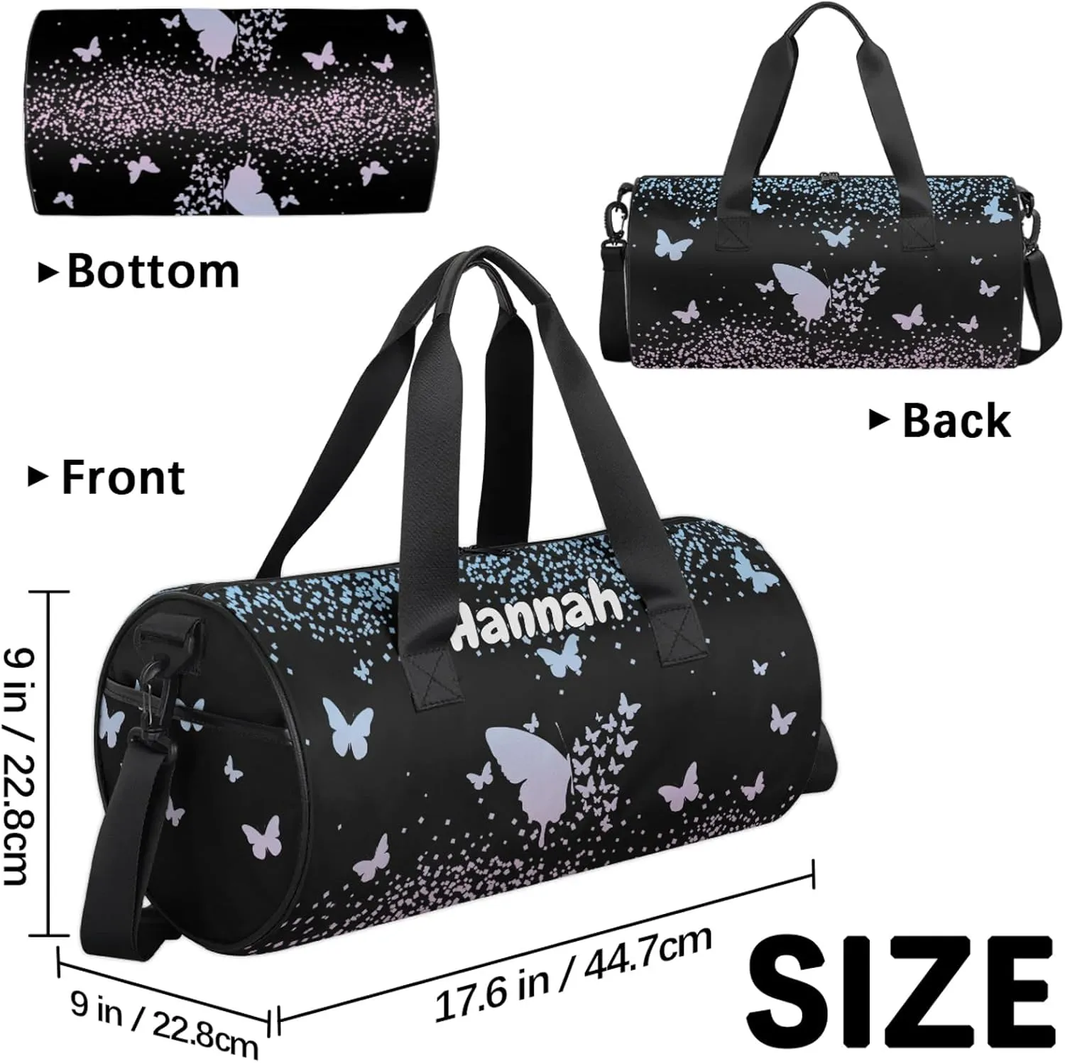 Personalized Duffel Bag with Name Butterfly Custom Travel Sports Bag for Women Men Round Waterproof Dance Ballet Bag Lightweight 17.6in, Sky Blue Pink