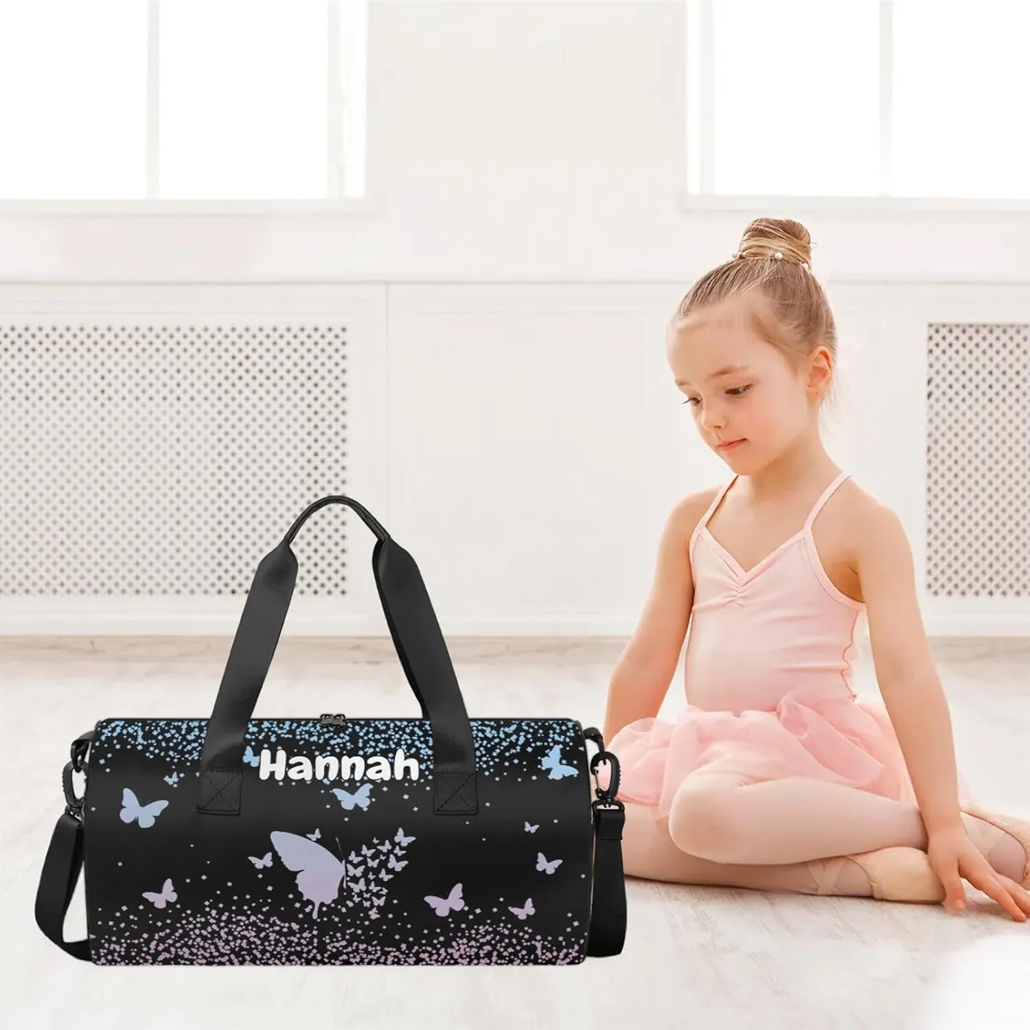 Personalized Duffel Bag with Name Butterfly Custom Travel Sports Bag for Women Men Round Waterproof Dance Ballet Bag Lightweight 17.6in, Sky Blue Pink