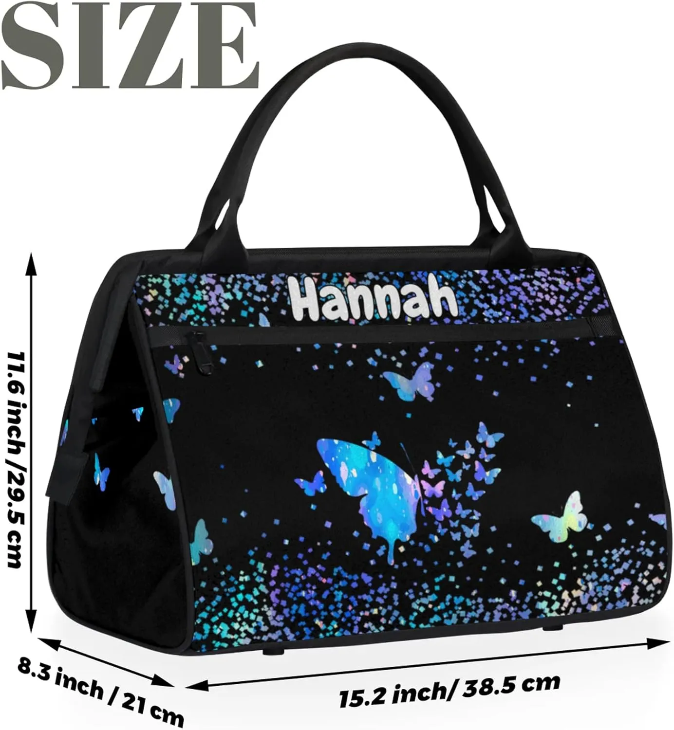 Personalized Duffel Bag with Name Butterfly Custom Travel Sports Bag for Women Men Waterproof Dance Ballet Bag Lightweight 15.2in, Blue