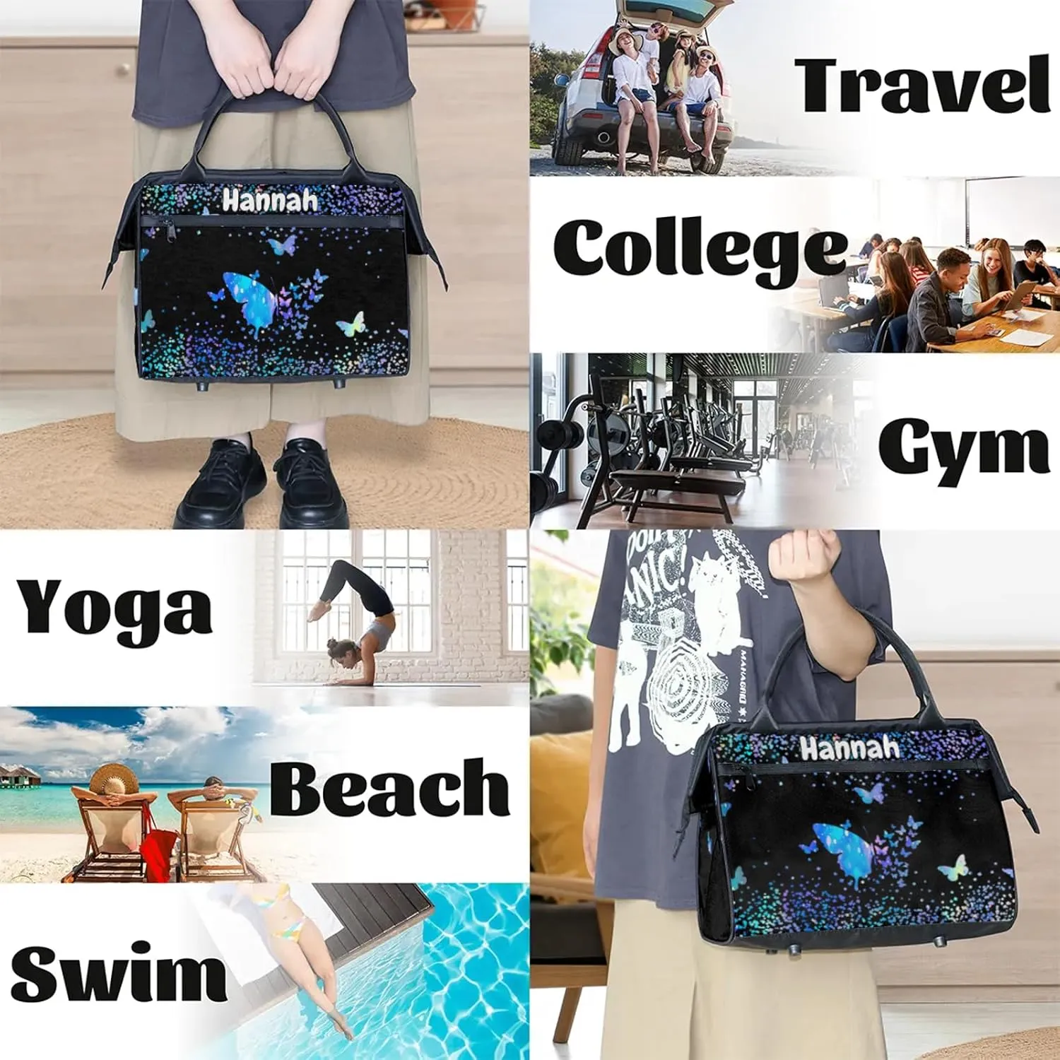 Personalized Duffel Bag with Name Butterfly Custom Travel Sports Bag for Women Men Waterproof Dance Ballet Bag Lightweight 15.2in, Blue