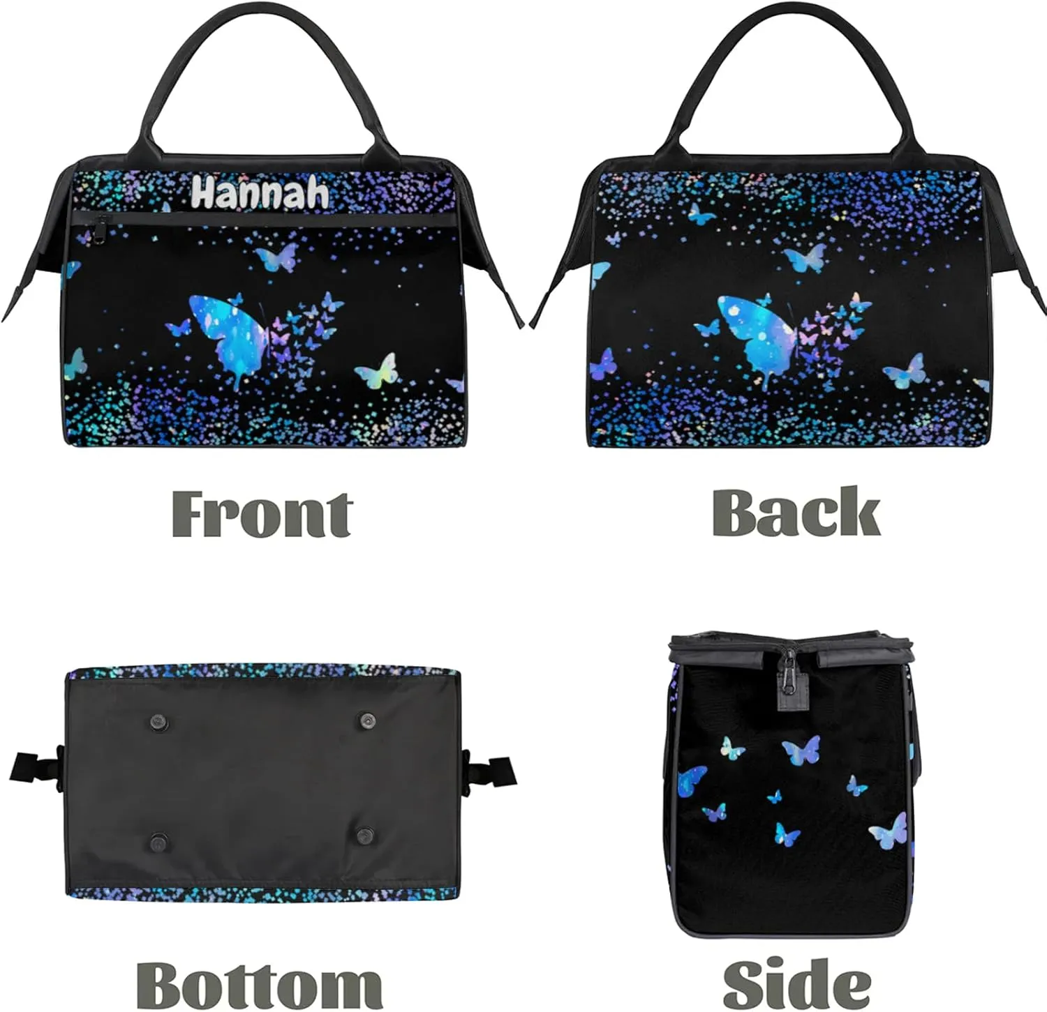 Personalized Duffel Bag with Name Butterfly Custom Travel Sports Bag for Women Men Waterproof Dance Ballet Bag Lightweight 15.2in, Blue