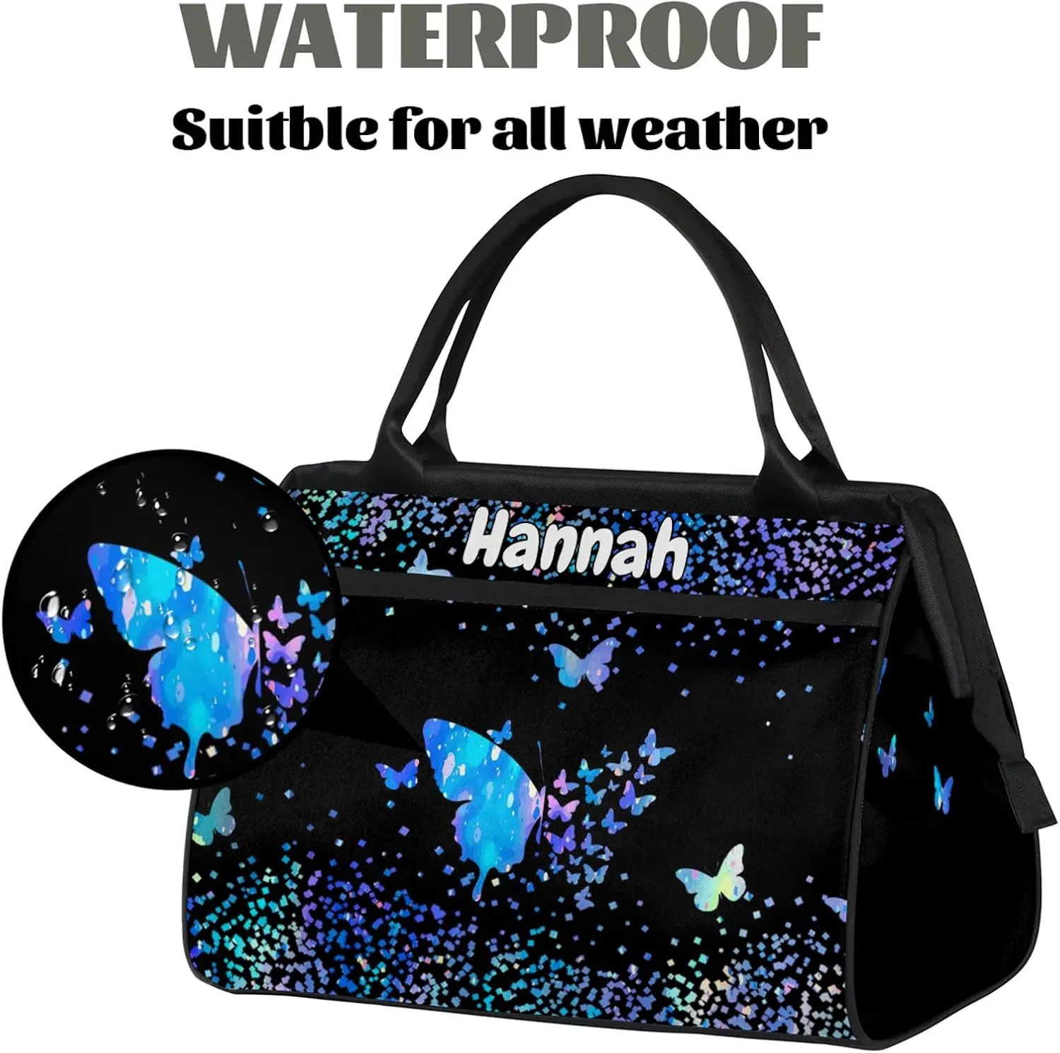 Personalized Duffel Bag with Name Butterfly Custom Travel Sports Bag for Women Men Waterproof Dance Ballet Bag Lightweight 15.2in, Blue