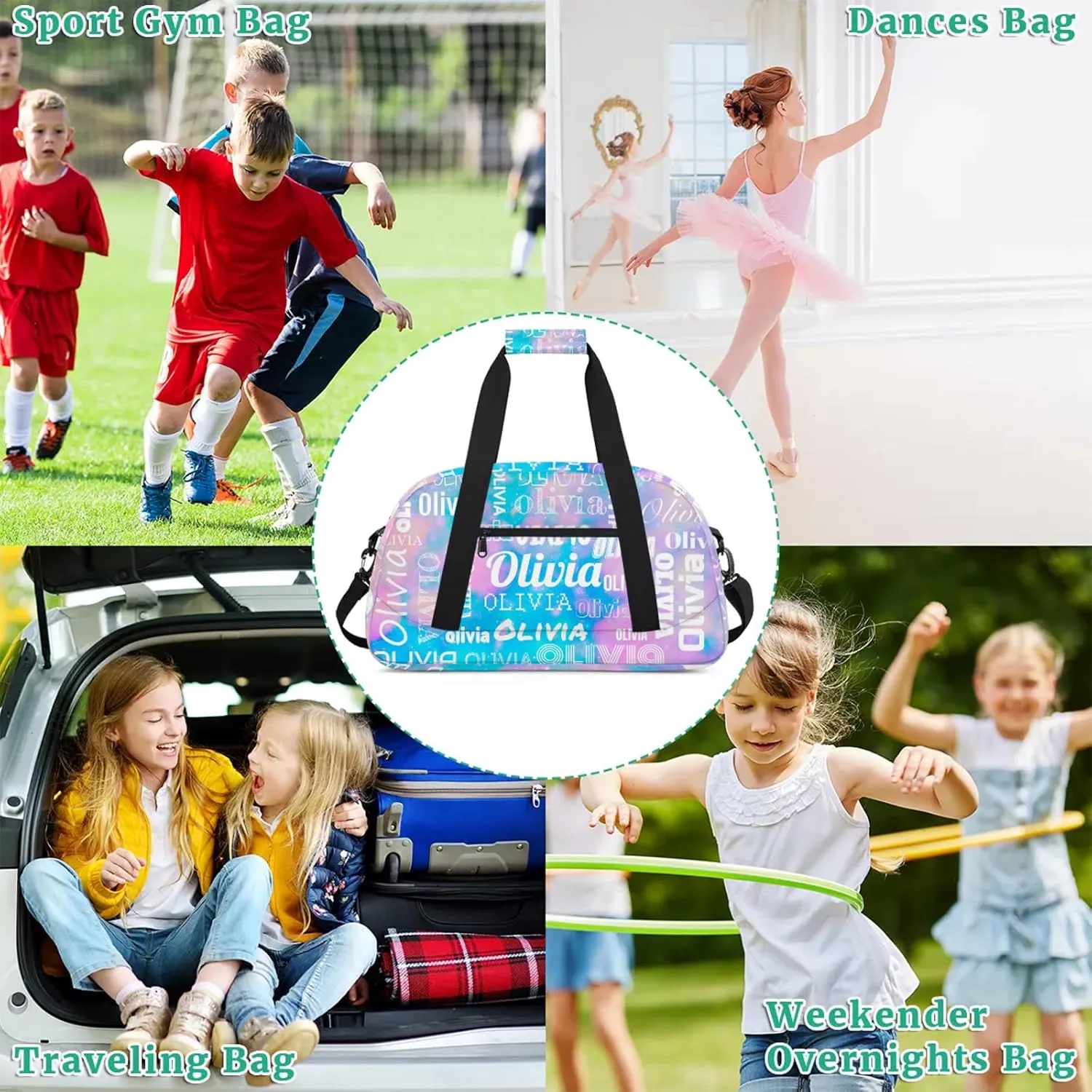 Personalized Duffel Bag with Name Custom Travel Sports Bag for Women Men Waterproof Dance Ballet Bag Lightweight 18.9in, Blue Pink Glitter
