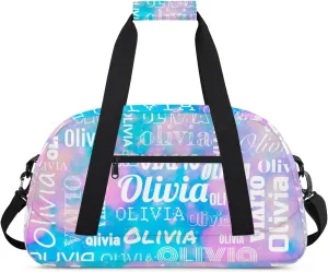 Personalized Duffel Bag with Name Custom Travel Sports Bag for Women Men Waterproof Dance Ballet Bag Lightweight 18.9in, Blue Pink Glitter