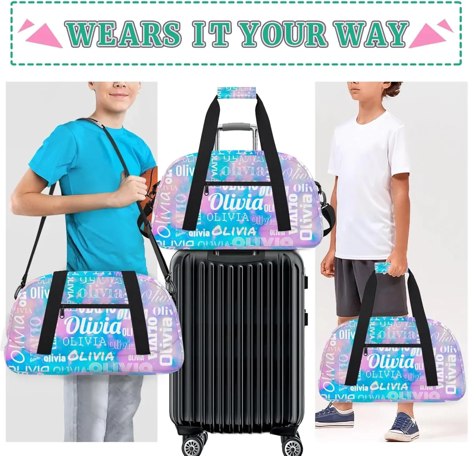 Personalized Duffel Bag with Name Custom Travel Sports Bag for Women Men Waterproof Dance Ballet Bag Lightweight 18.9in, Blue Pink Glitter