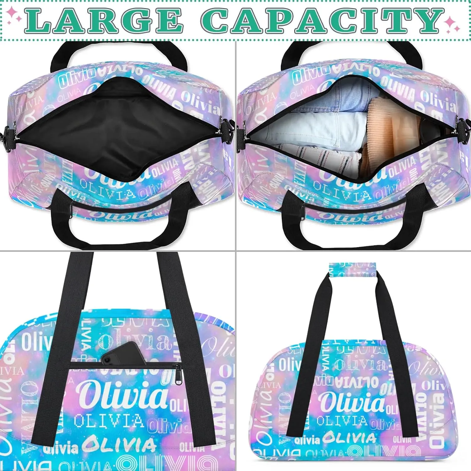 Personalized Duffel Bag with Name Custom Travel Sports Bag for Women Men Waterproof Dance Ballet Bag Lightweight 18.9in, Blue Pink Glitter