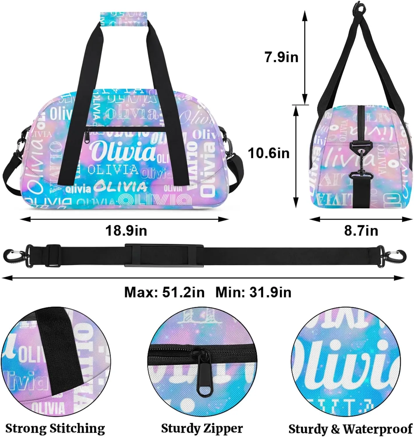 Personalized Duffel Bag with Name Custom Travel Sports Bag for Women Men Waterproof Dance Ballet Bag Lightweight 18.9in, Blue Pink Glitter