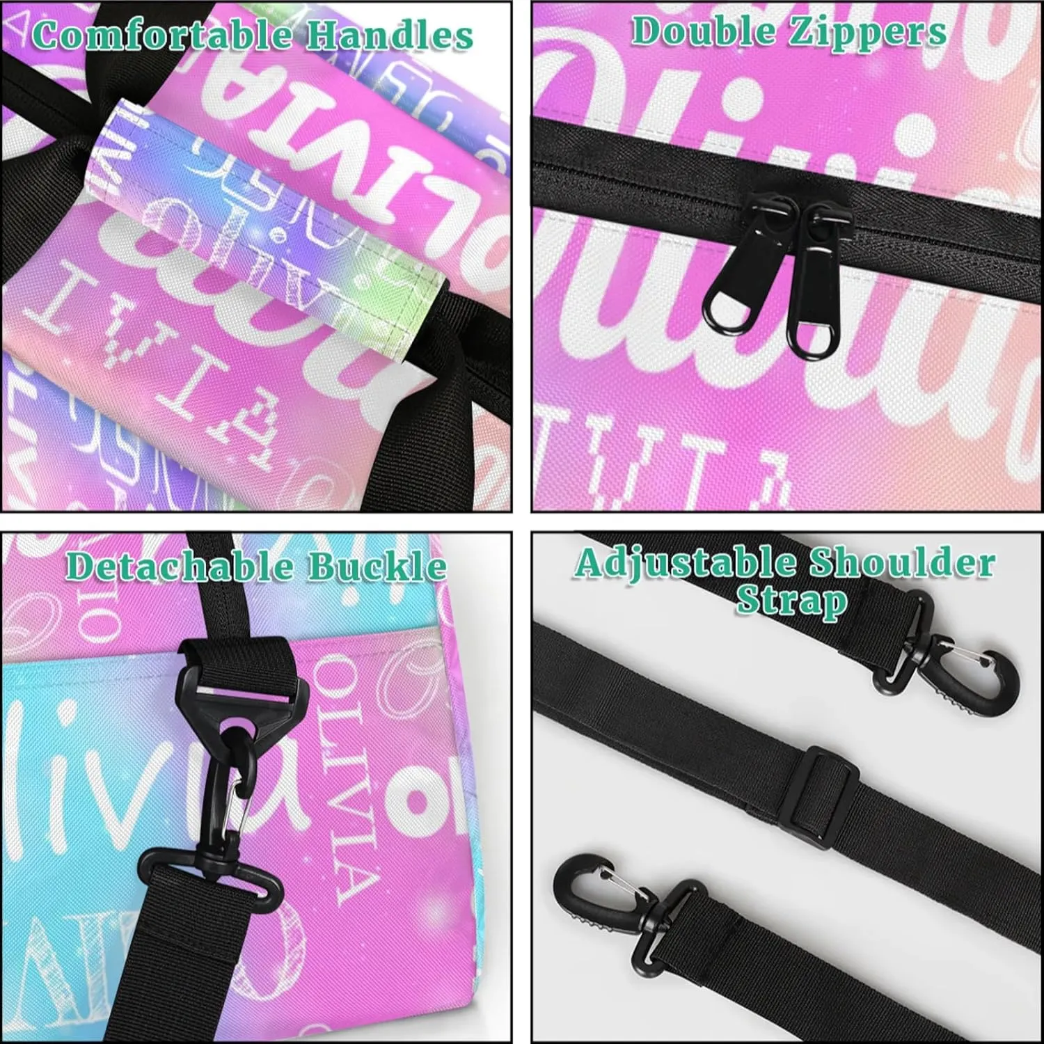 Personalized Duffel Bag with Name Custom Travel Sports Bag for Women Men Waterproof Dance Ballet Bag Lightweight 18.9in, Rainbow Sparkly
