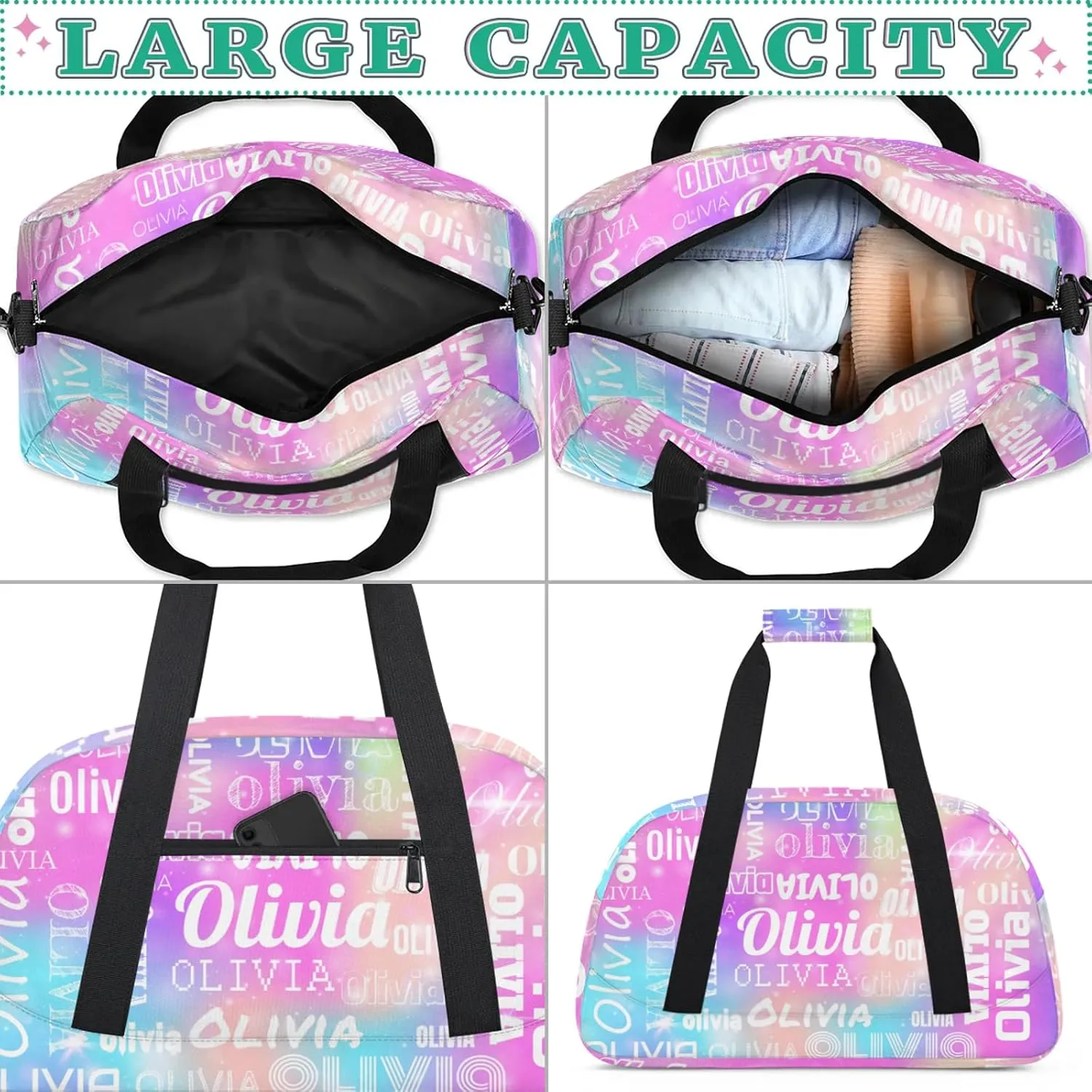 Personalized Duffel Bag with Name Custom Travel Sports Bag for Women Men Waterproof Dance Ballet Bag Lightweight 18.9in, Rainbow Sparkly