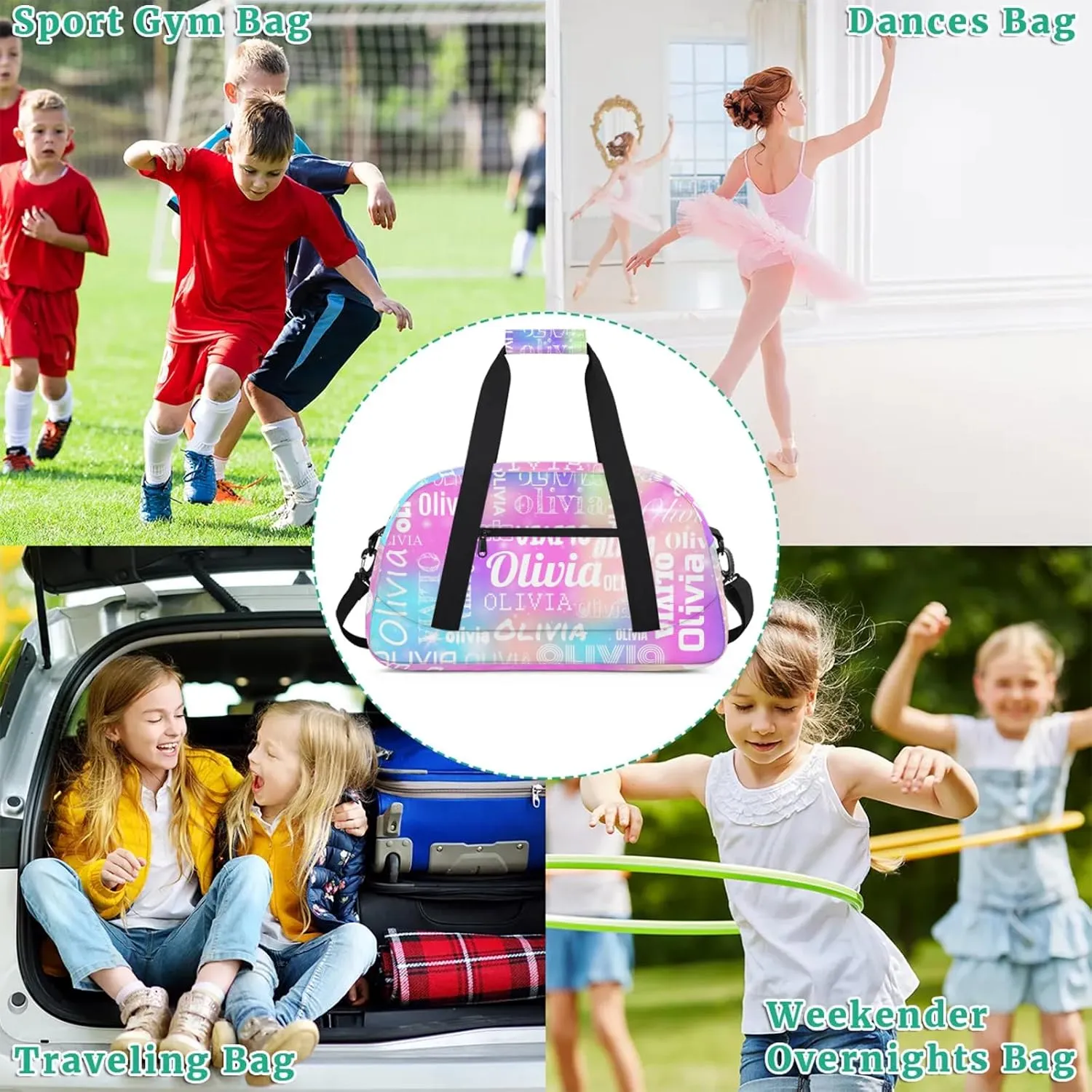 Personalized Duffel Bag with Name Custom Travel Sports Bag for Women Men Waterproof Dance Ballet Bag Lightweight 18.9in, Rainbow Sparkly