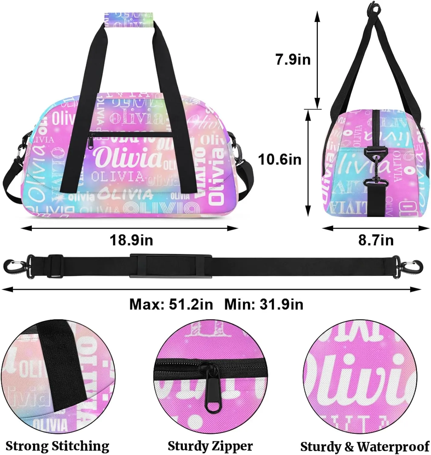 Personalized Duffel Bag with Name Custom Travel Sports Bag for Women Men Waterproof Dance Ballet Bag Lightweight 18.9in, Rainbow Sparkly