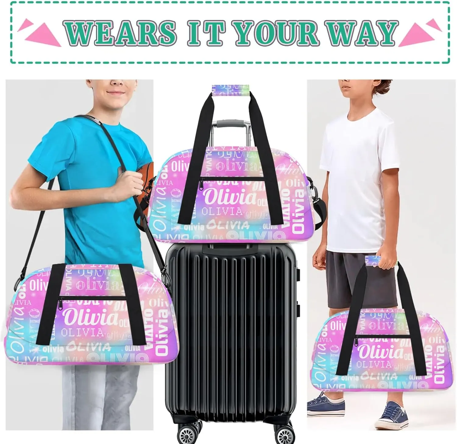 Personalized Duffel Bag with Name Custom Travel Sports Bag for Women Men Waterproof Dance Ballet Bag Lightweight 18.9in, Rainbow Sparkly