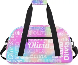 Personalized Duffel Bag with Name Custom Travel Sports Bag for Women Men Waterproof Dance Ballet Bag Lightweight 18.9in, Rainbow Sparkly