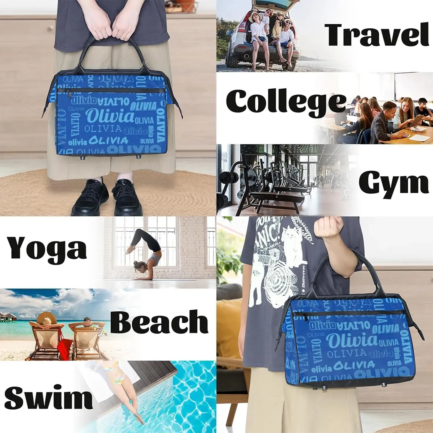 Personalized Gym Duffel Bag with Name Custom Travel Sports Bag for Women Men Waterproof Dance Ballet Bag Lightweight 15.2in, Blue