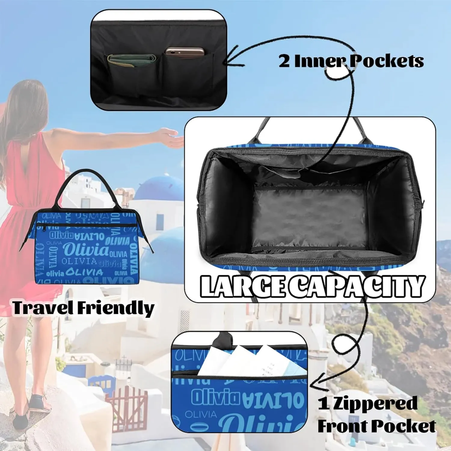 Personalized Gym Duffel Bag with Name Custom Travel Sports Bag for Women Men Waterproof Dance Ballet Bag Lightweight 15.2in, Blue