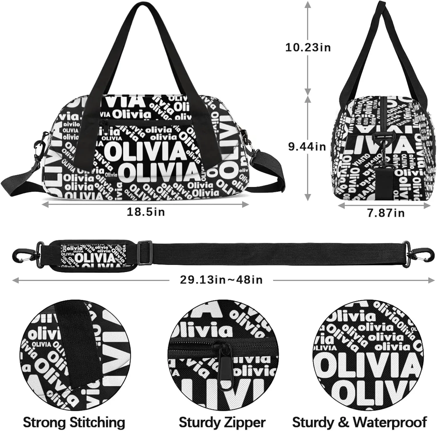 Personalized Gym Sport Duffel Bag with Name Custom Travel Overnight Bag Waterproof Customized Dance Bag Carry-On Tote 18.5in, Pure Black