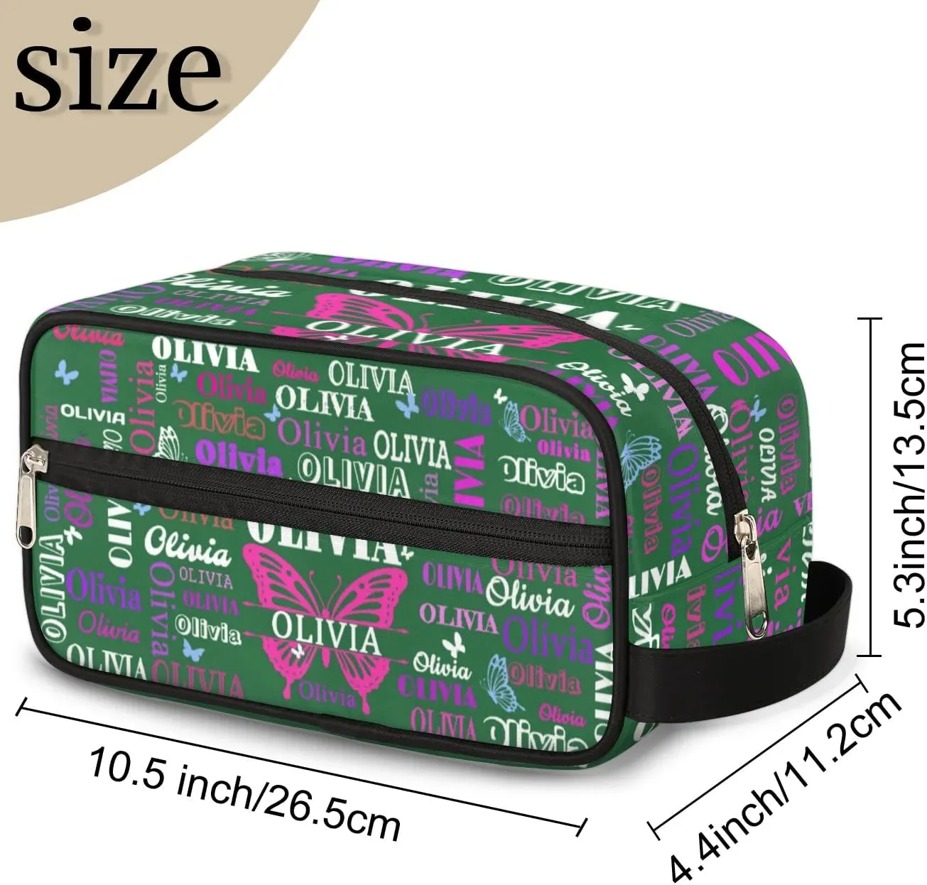 Personalized Makeup Bag with Name, Travel Cosmetic Bag for Women, Friends, Mother's Day, Bridesmaid, Bride, Wedding, Graduation, Deep Forest Green with Pink Purple Butterflies
