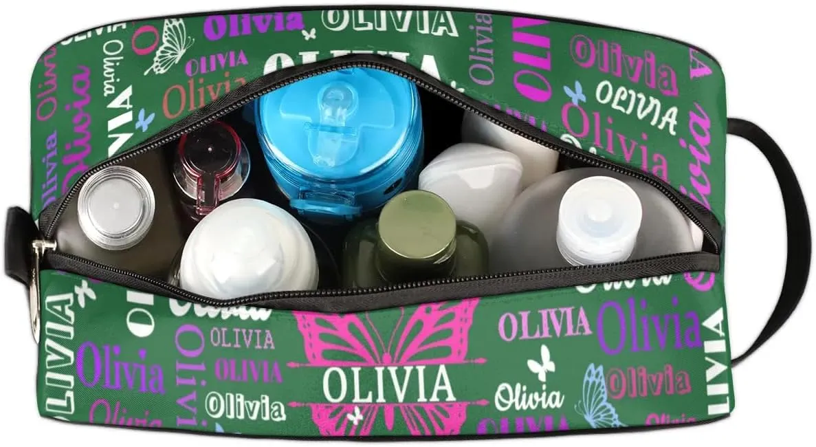 Personalized Makeup Bag with Name, Travel Cosmetic Bag for Women, Friends, Mother's Day, Bridesmaid, Bride, Wedding, Graduation, Deep Forest Green with Pink Purple Butterflies